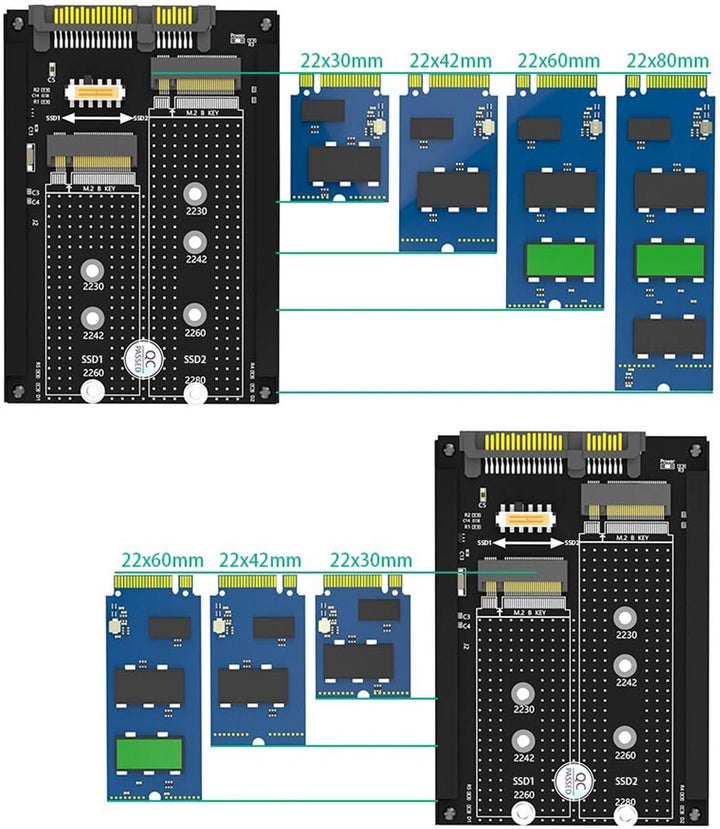 Elprico M.2 SSD auf 2,5 Zoll SATA Adapterkarte, Dual NGFF B M Key M.2 SSD Karte, 2,5 Zoll SATA Combo