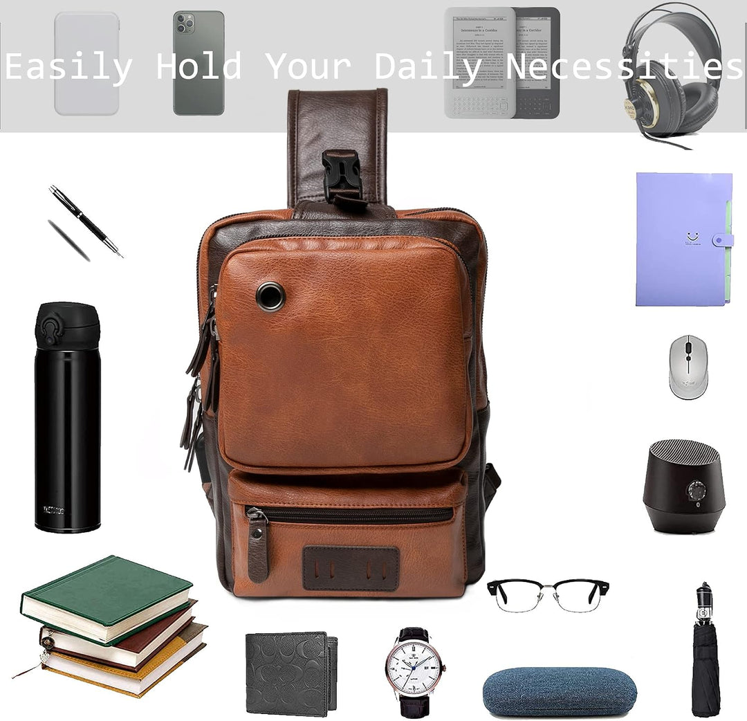 AONEGOLD Herren Brusttasche Vintage PU Leder Schultertasche Sling Chest Crossbody Bag Wasserdicht Le