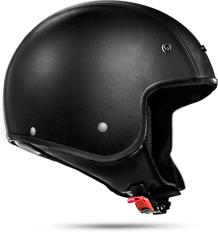 ATO-Moto Classic Kunstleder Jethelm in Schwarz matt - extrem leicht - aktuelle Sicherheitsnorm ECE 2