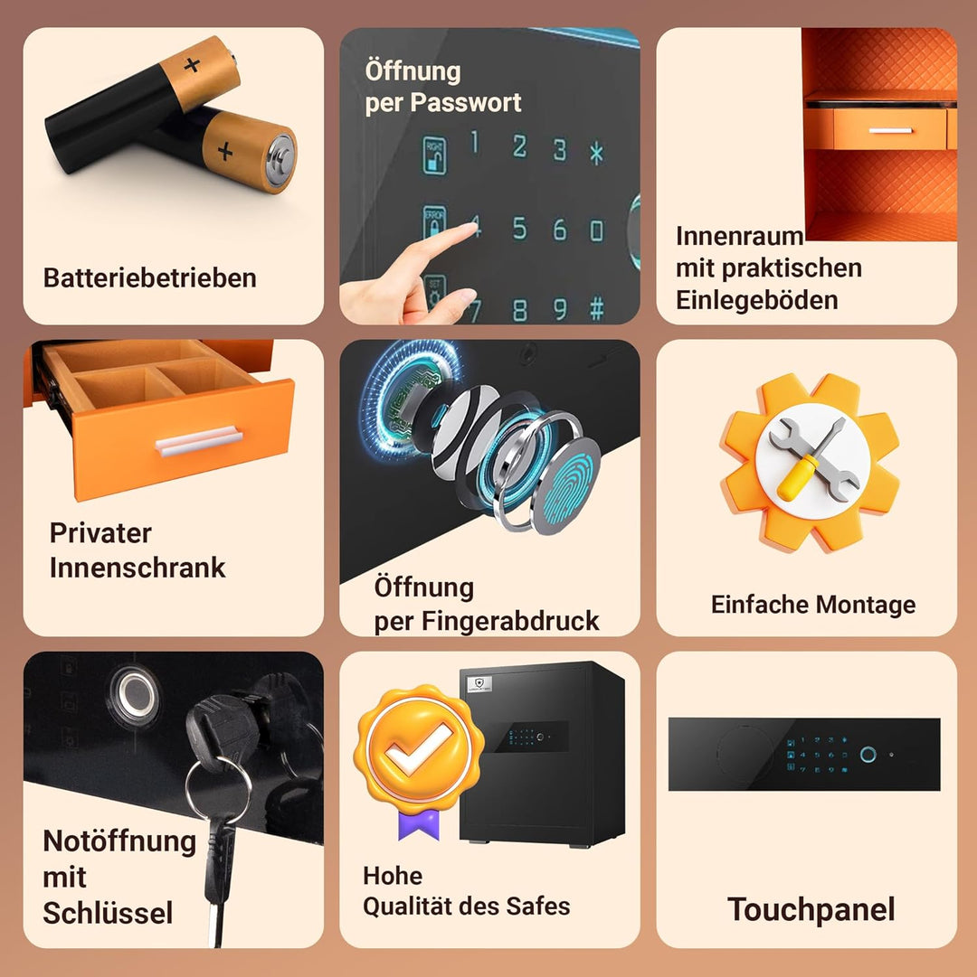EXTRALINK Elektronischer Tresor Für Zuhause – Safe Mit Touchscreen, Code & Biometrischem Fingerabdru