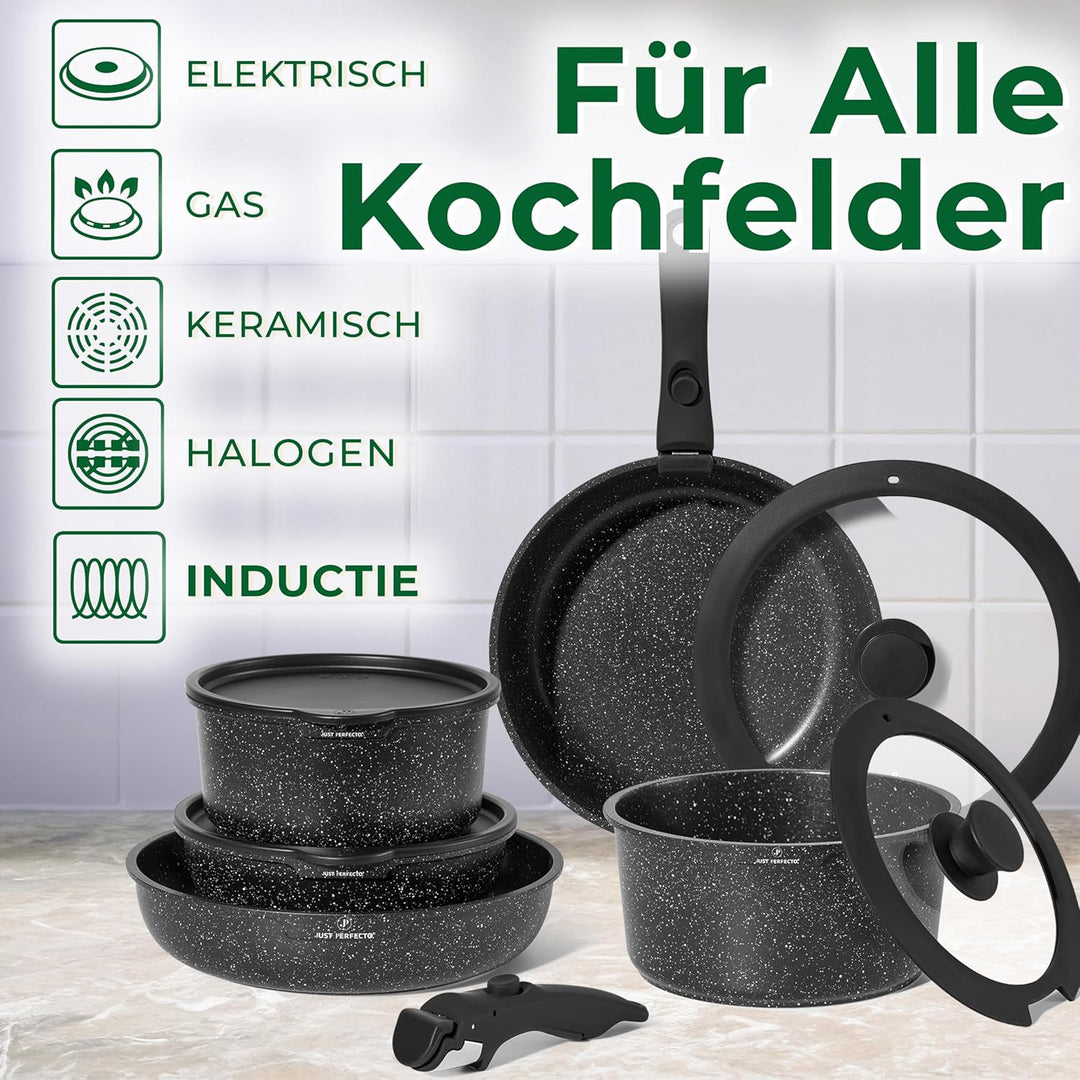 Just Perfecto Töpfe Pfannen 11-Teilig,Topfset Pfannenset mit abnehmbaren Griffen,Pfanne 20/26cm,Topf