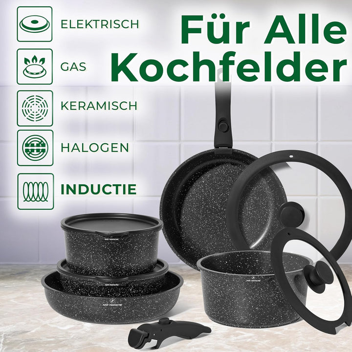 Just Perfecto Töpfe Pfannen 11-Teilig,Topfset Pfannenset mit abnehmbaren Griffen,Pfanne 20/26cm,Topf