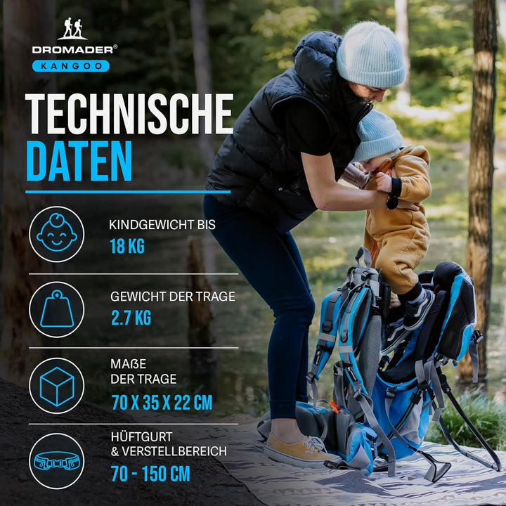 DROMADER Kraxe Kindertrage bis zu 22kg | Komfortable Schultertrage Rückentrage zum Wandern mit prakt