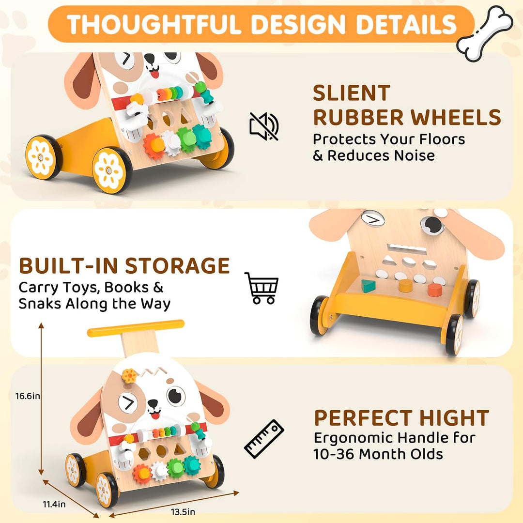 Lauflernwagen Holz Hund Montessori 6-in-1, Motorikwürfel | Lauflernwagen im niedlichen Hunde-Design,