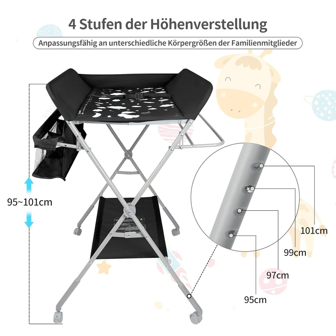 OHMG Baby Wickelkombi Klappbare Wickelkommode,Wickeltisch mit Rollen,Mobiler Wickeltisch mit Wickela