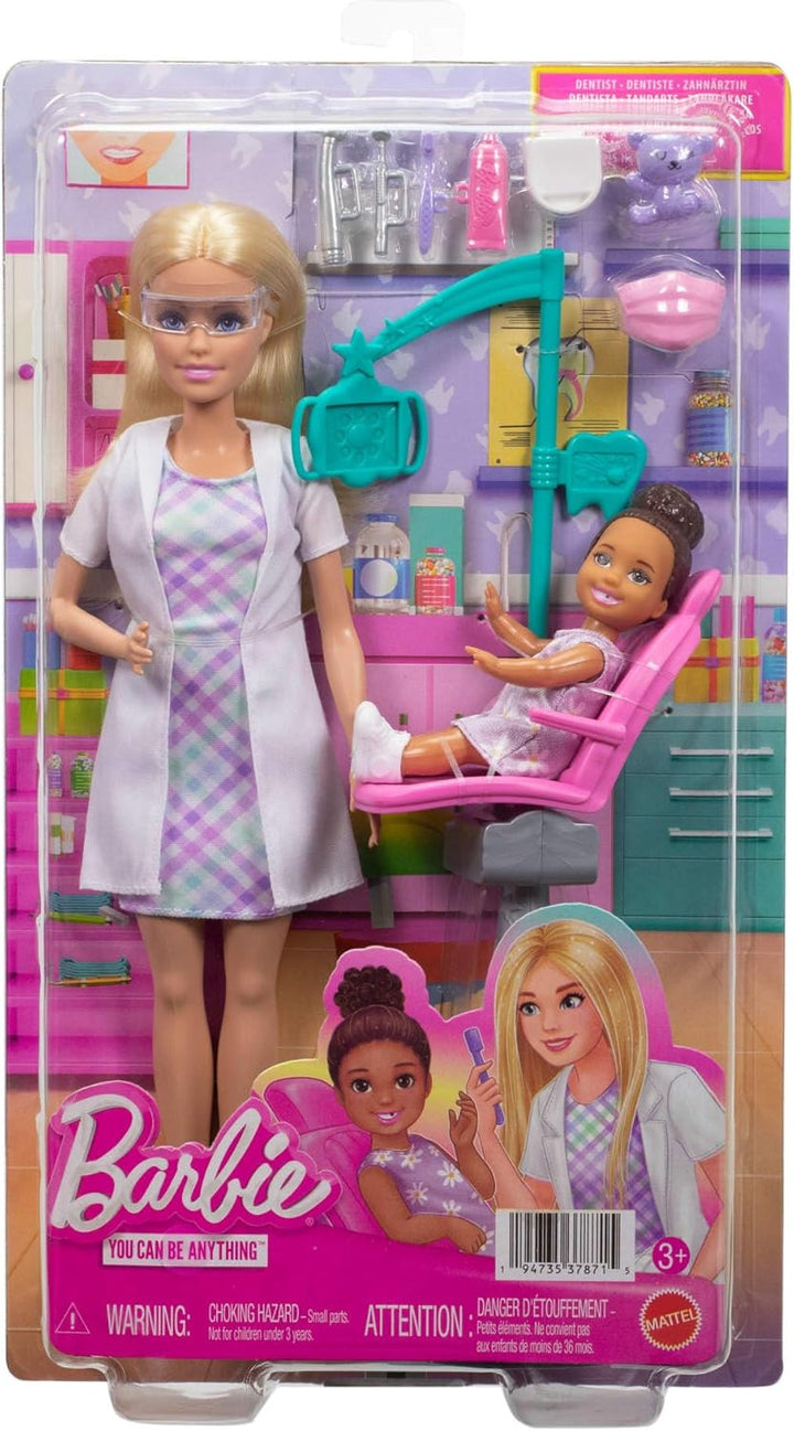 Barbie Karriere Zahnärztin-Spielset mit blonder Barbie-Puppe im Arztkittel, Kleinkind-Puppe, Behandl