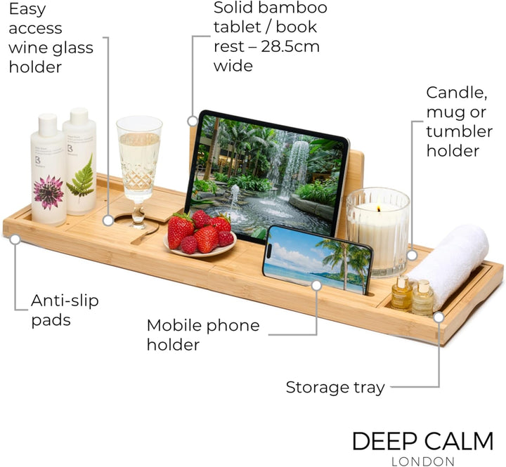 Deep Calm Badewannenablage - Verstellbares Bambus-Badewannenbrett - rutschfeste Badewannenablage Pas
