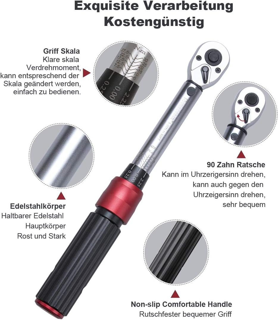 FOURROBBER Drehmomentschlüssel 1/4" Fahrrad & Motorrad 5-30NM Set, 90-Zahn-Drehmomentschlüssel mit 3