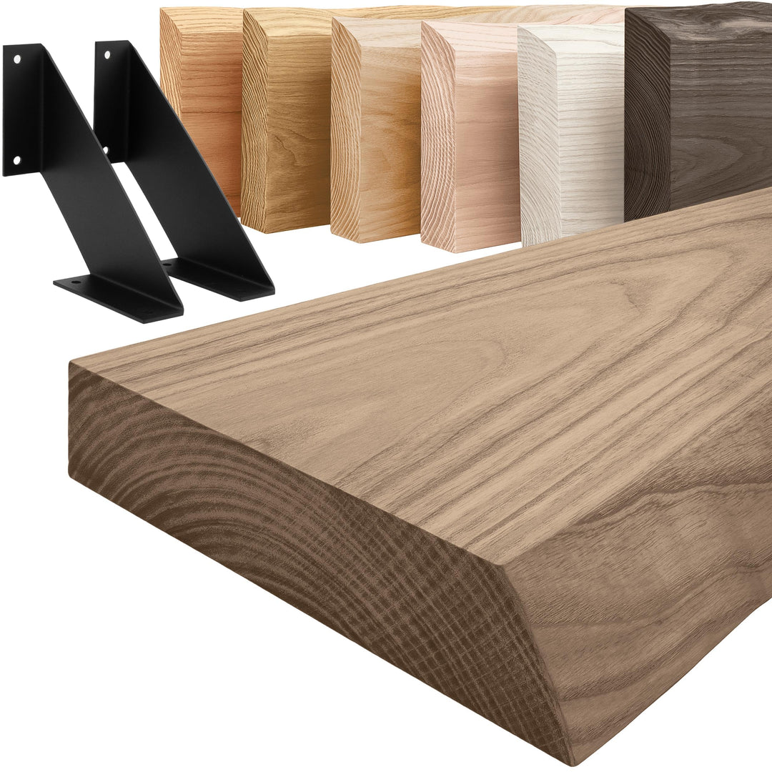 LAMO Manufaktur Wandregal Holz Baumkante | Regal Farbe: Nussbaum | mit schwarzem Vintage Regalträger