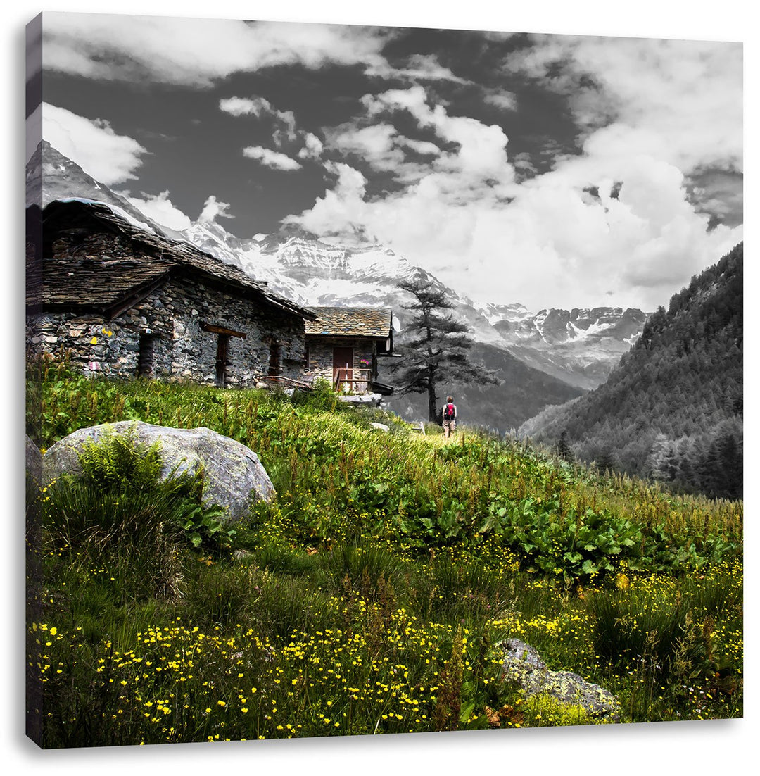 Pixxprint Steinhütte auf Berg als Leinwandbild/Grösse: 70x70 cm/Wandbild/Kunstdruck/fertig bespannt,