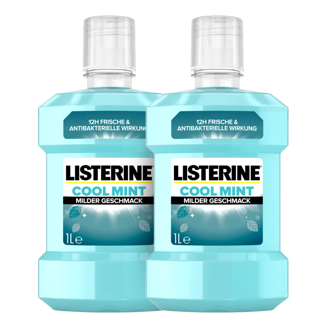 LISTERINE Cool Mint Mundwasser (2 x 1000 ml), antibakterielle Mundspülung mit ätherischen Ölen & int