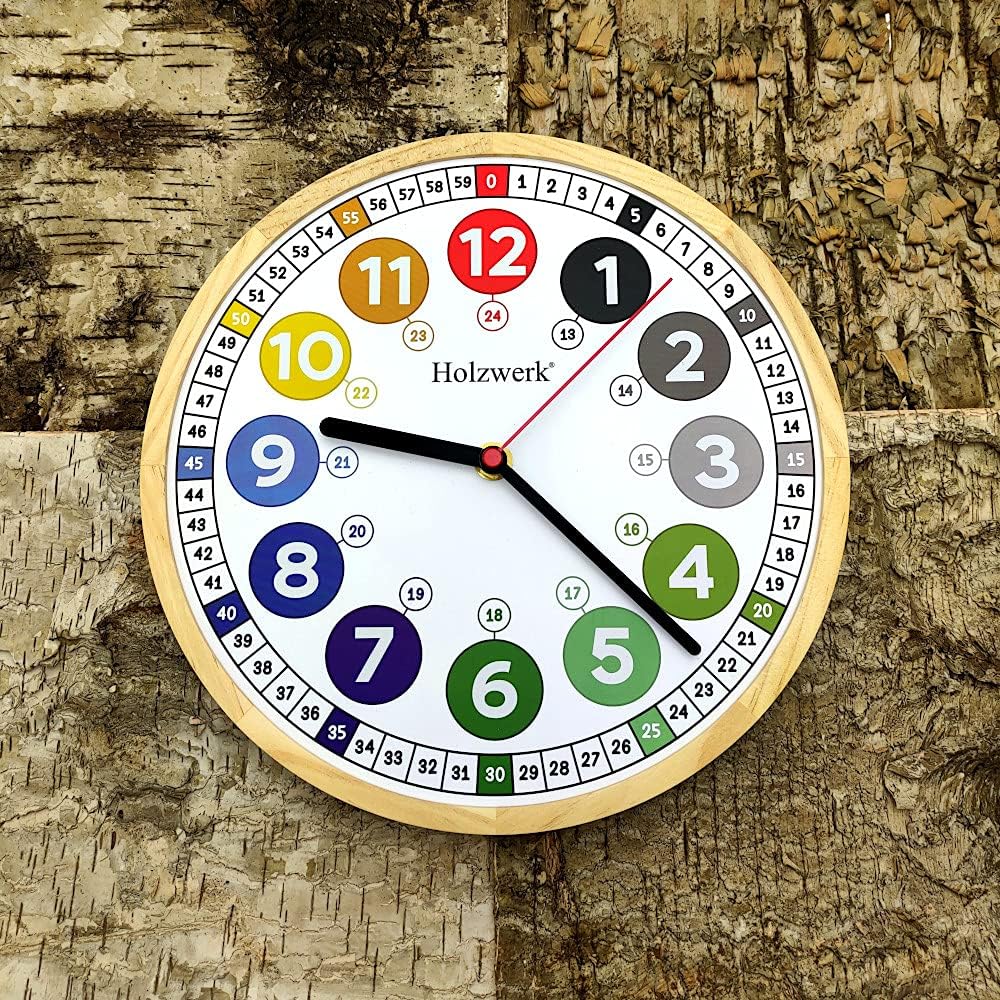 Holzwerk Germany Öko Natur Kinder-Wanduhr Kinder Jungen Mädchen aus Holz lautloses Uhrwerk ohne Tick