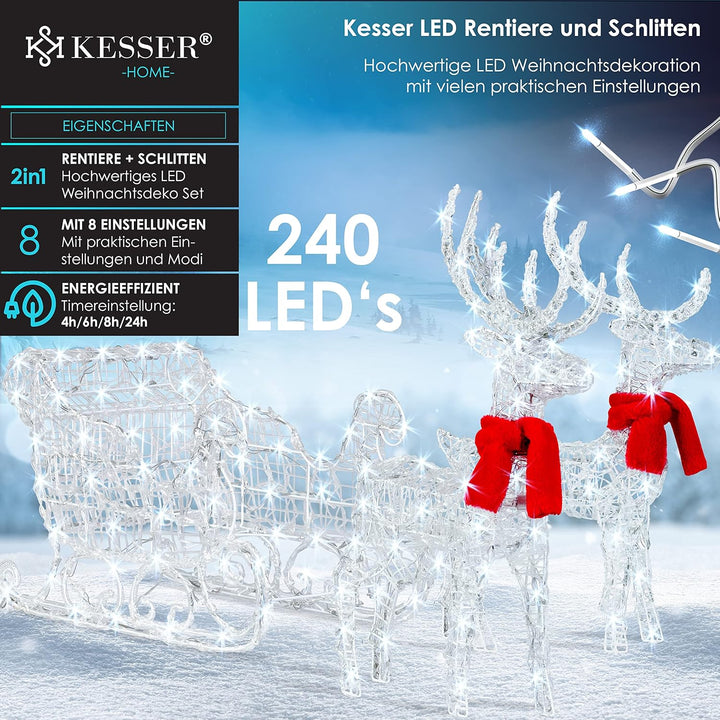 KESSER® 240er LED Rentiere mit Schlitten weiss Timer Inkl. 2X Dekoschal Weihnachtsbeleuchtung für au