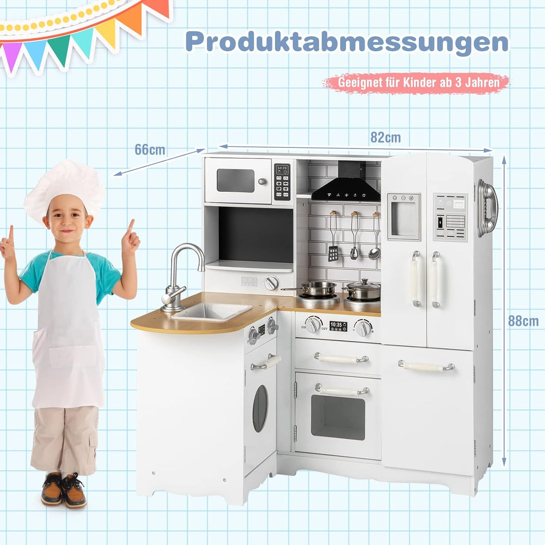 COSTWAY Kinderküche mit Zubehör, Eck Spielküche Holz inkl. Kühlschrank Wasserhahn Spüle Herd Telefon