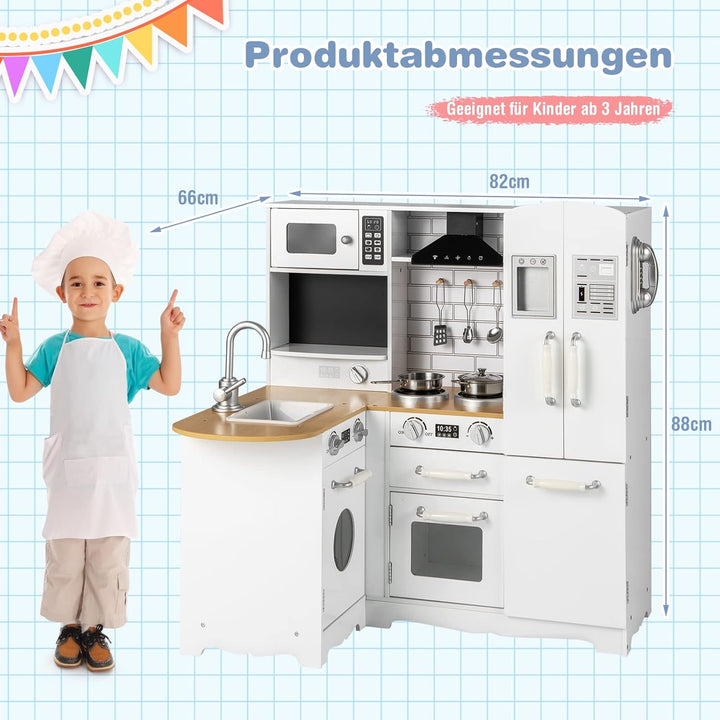 COSTWAY Kinderküche mit Zubehör, Eck Spielküche Holz inkl. Kühlschrank Wasserhahn Spüle Herd Telefon