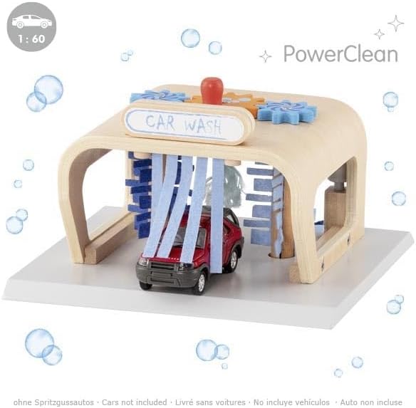 goki 53779 Waschanlage PowerClean, Autowaschanlage aus Holz – Spielset mit Bürsten, Filzvorhängen &