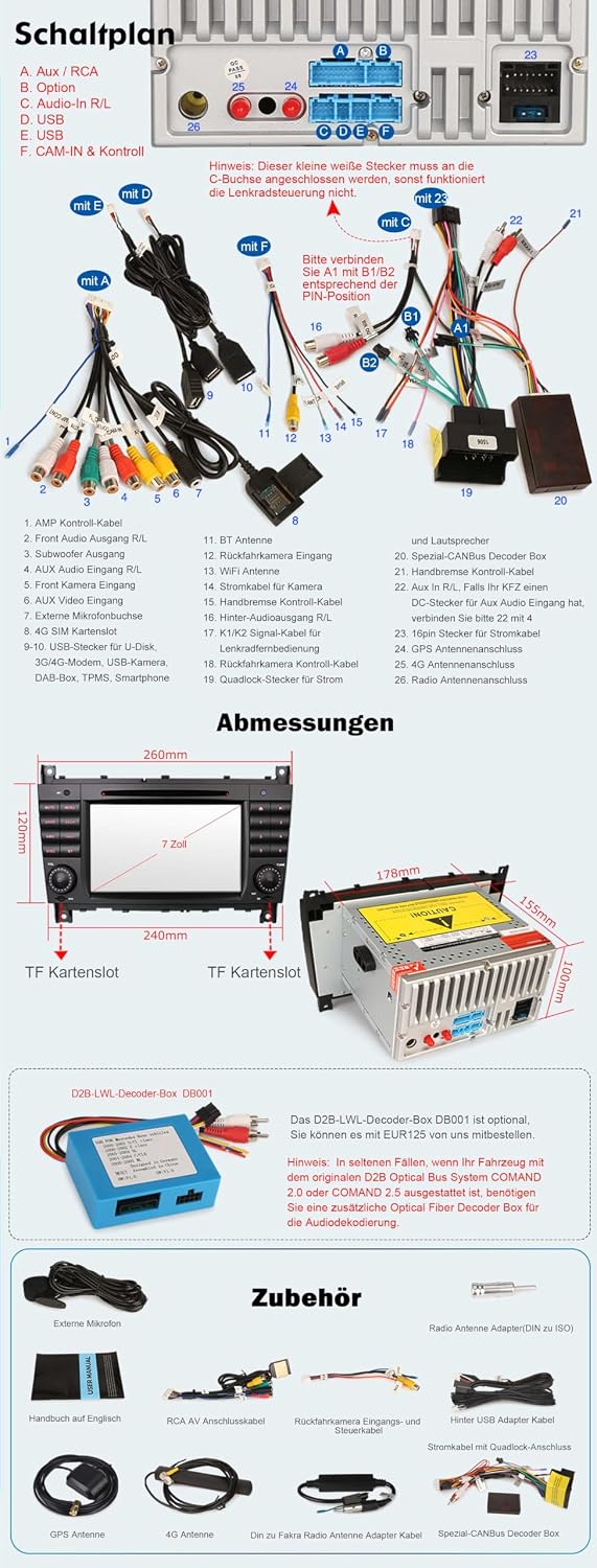 Erisin 7 Zoll 8-Kern 4GB+64GB Android 16 Autoradio mit CD Player für Mercedes C Klasse W203 CLC W203