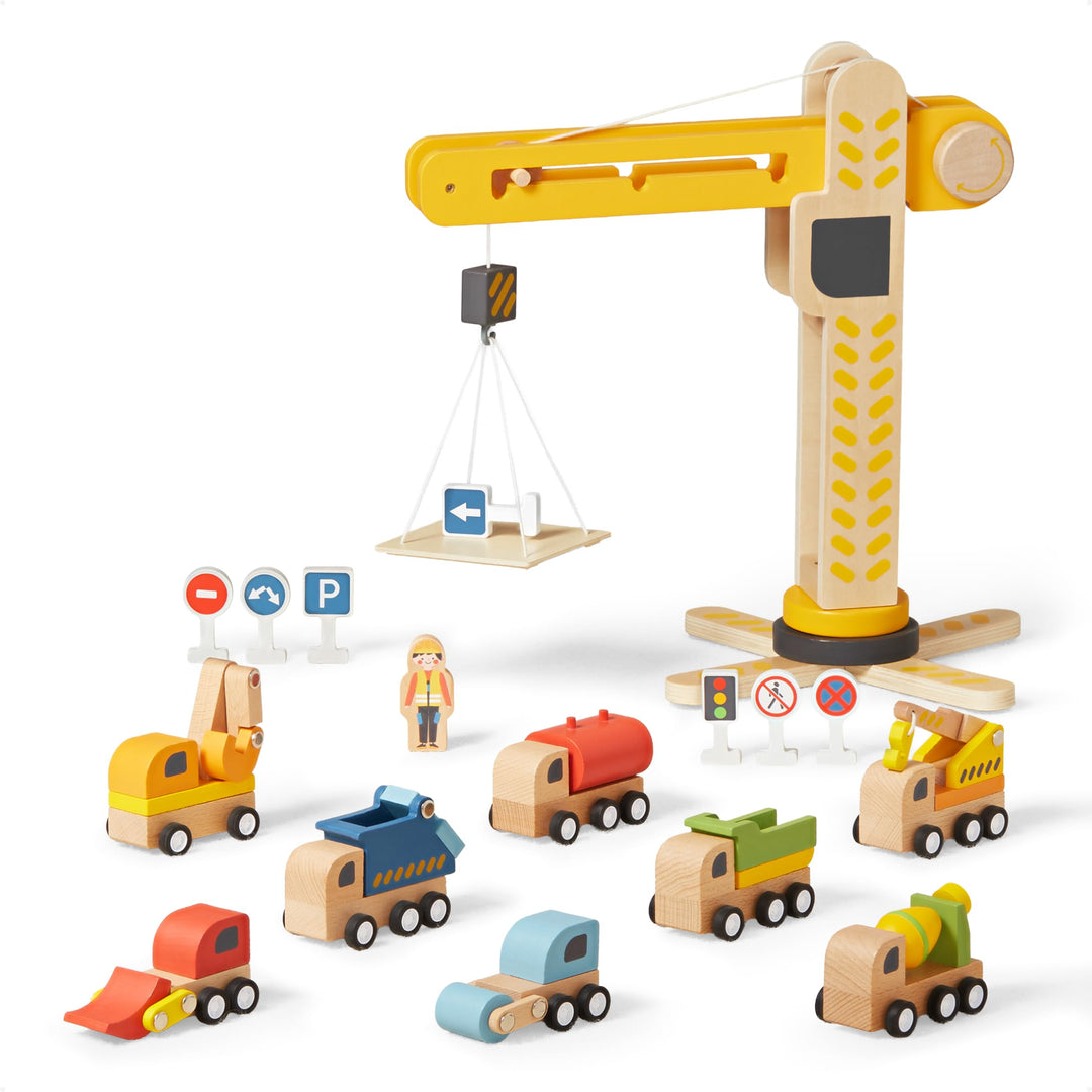 Holzspielzeug Baustelle mit Turmkran, Baufahrzeuge, Betonmischer, Ampel, Verkehrszeichen, Baustellen