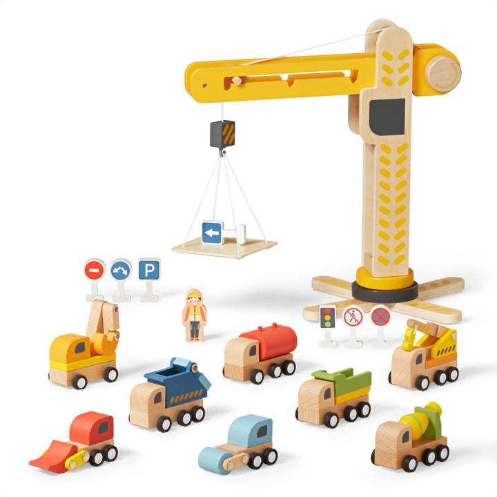 Holzspielzeug Baustelle mit Turmkran, Baufahrzeuge, Betonmischer, Ampel, Verkehrszeichen, Baustellen