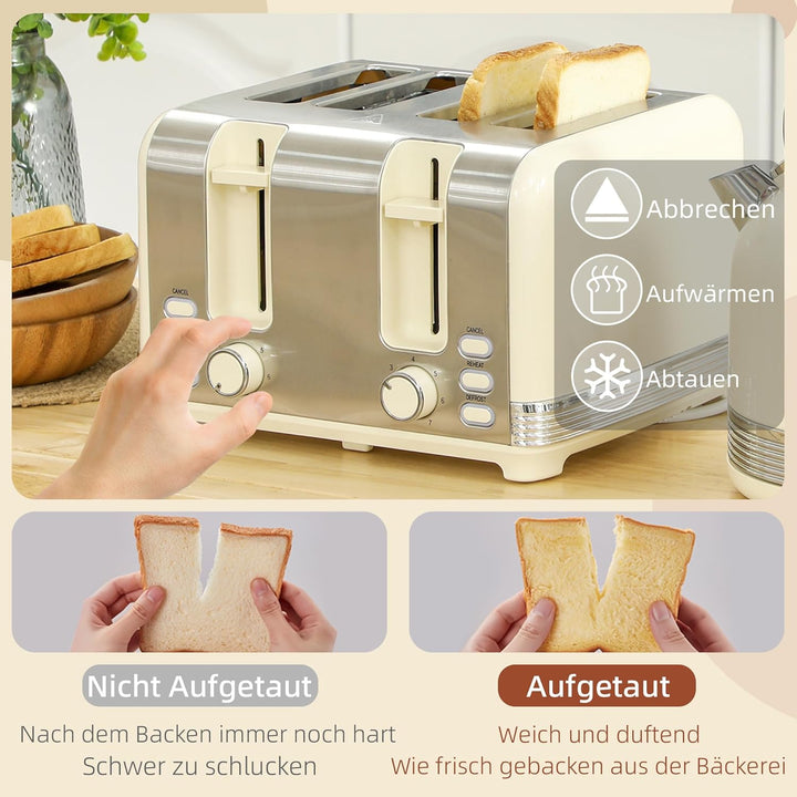 HOMCOM Set aus Wasserkocher und Toaster 2200 W, Edelstahl-Wasserkocher 1,7 L mit Isolierung und 4-Sc
