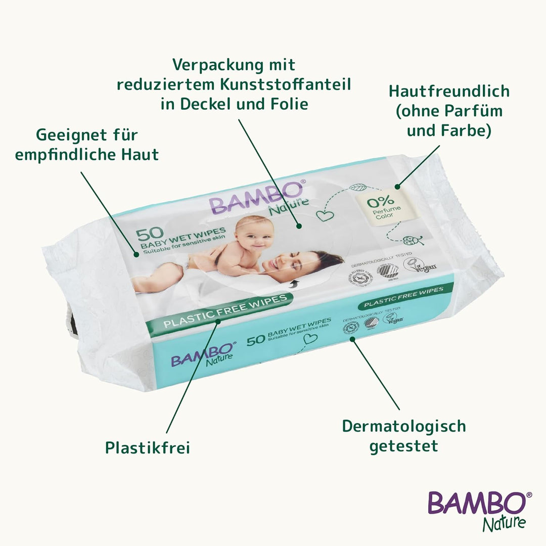 Bambo Nature plastikfreie Baby-Feuchttücher 50 Stück–1 Packung | Feuchtigkeitsspendende Baby-Feuchtt
