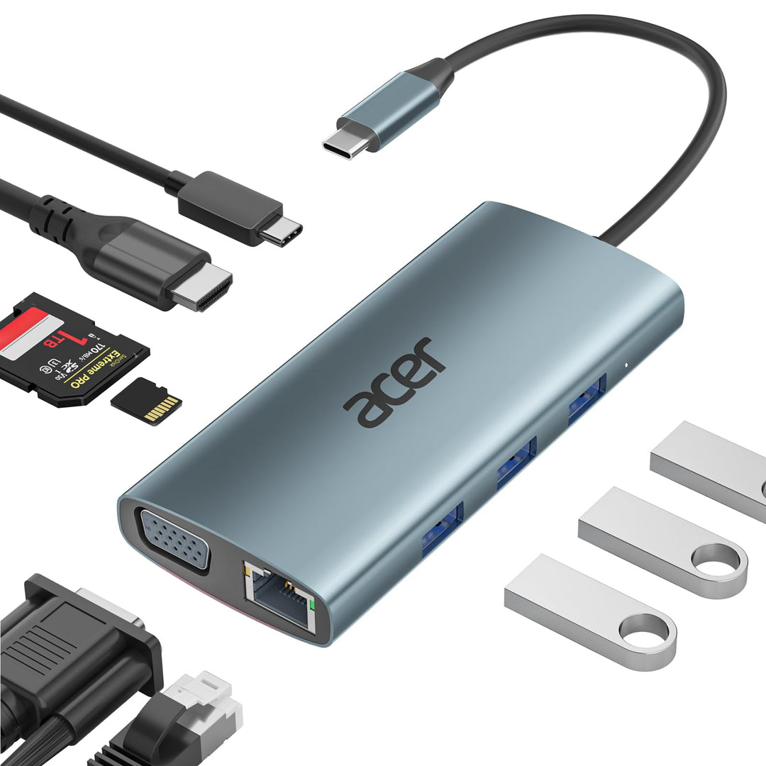 acer USB C Hub Docking Station, 9IN1 USB C zu 4K HDMI, 3xUSB 3.0 5Gbps, 1Gbps Ethernet, 100W PD, VGA