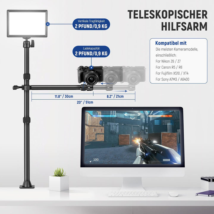 NEEWER Tisch Kamerastativ mit 2 Teleskopauslegern, Telefonhalter, Kugelköpfe, Schraubadapter, Tischl