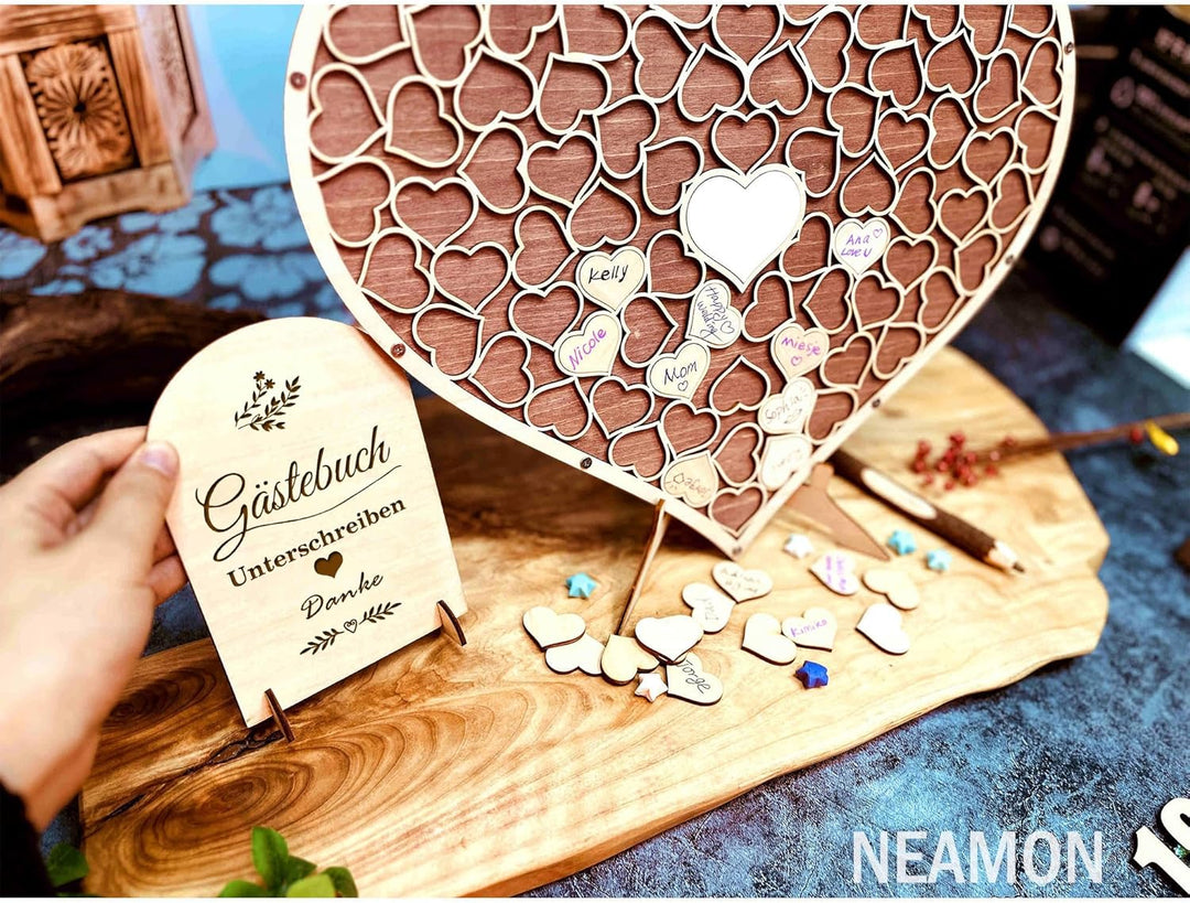 Hochzeit Gästebuch aus Holz in Herzform, Gästebuch für Hochzeit, Geburtstag, Jahrestag, Party-Dekora