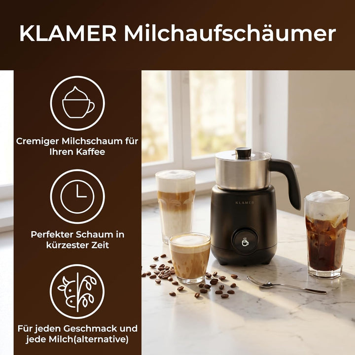 KLAMER Milchaufschäumer Elektrisch 550W, Milchschäumer mit Display & 7 Programmen: Aufschäumen Warm