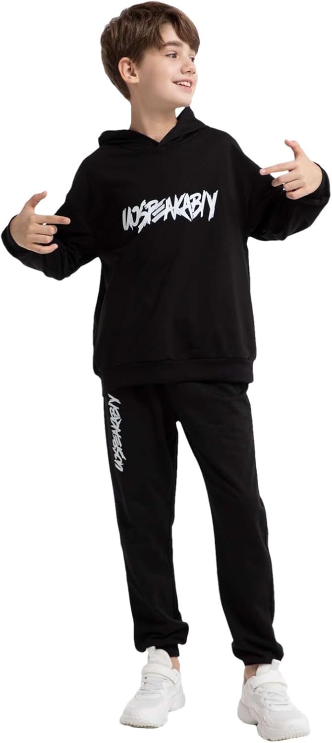 amropi Jungen Hoodie Trainingsanzug Sweatshirt Top und Hose Kleidungsset 2-15 Jahre 6-7 Jahre Schwar