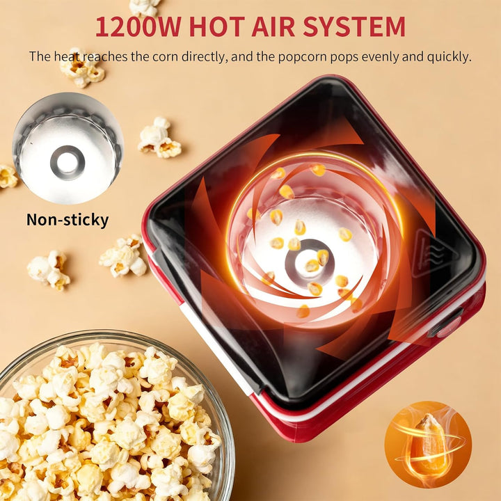 Cozary Popcornmaschine, 1200W Popcorn Maker mit Heissluft für fettfreies Popcorn, mit Messbecher, Re