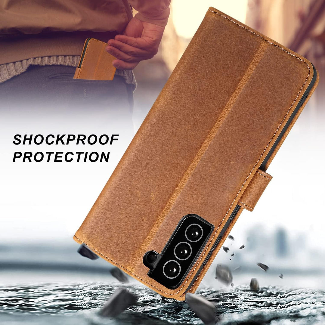 LENSUN Echtleder Hülle für Samsung Galaxy S21 Plus, Handyhülle [Echtes Leder] [Magnetverschluss] [Ka