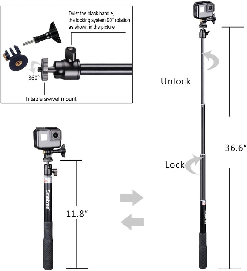 Smatree Aluminium Teleskop-Selfie-Stick Mit Stativständer, Kompatibel Mit GoPro Hero 12/11/10/9/8/7/