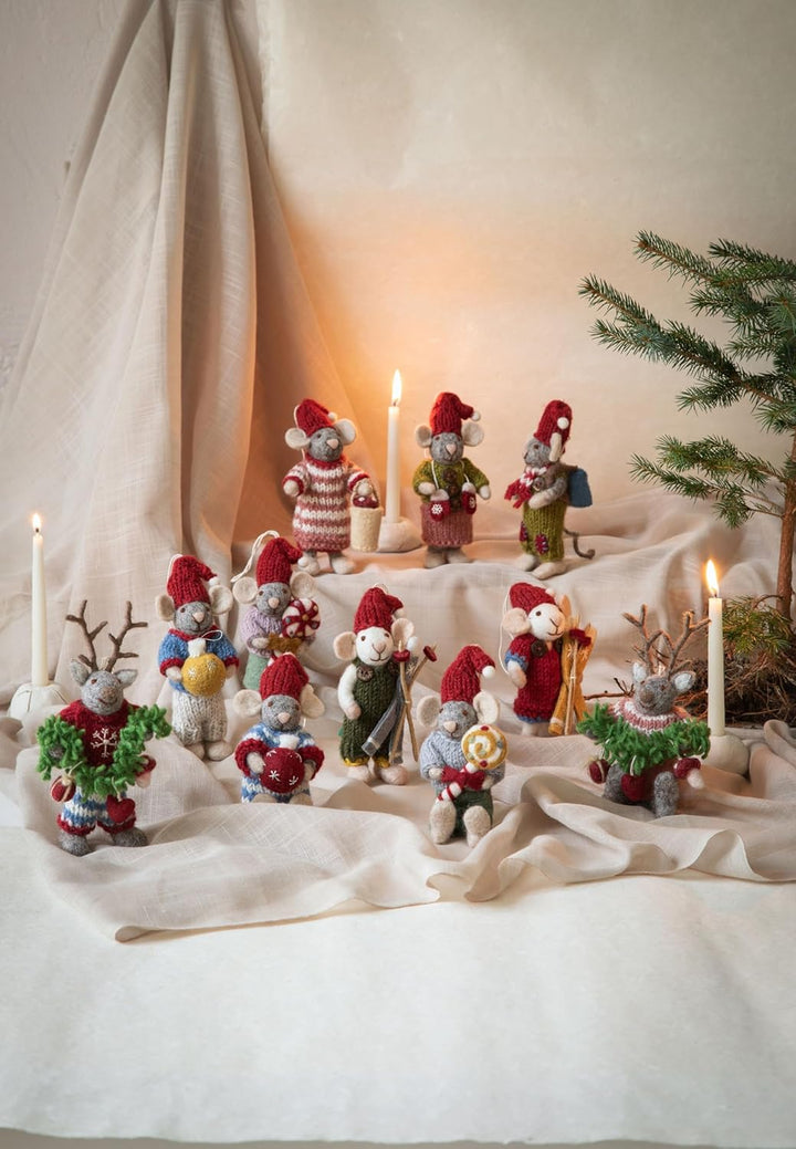 Gry &amp; Sif Filzanhänger Maus Weihnachten – Handmade Fairtrade Christbaumschmuck aus Filz – 12 x 4 cm