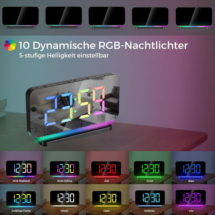 SZELAM Wecker Digital, Nachttisch,7,4" Spiegeluhr mit 10 Modi RGB-Nachtlicht,11 Farben LED Digitalan