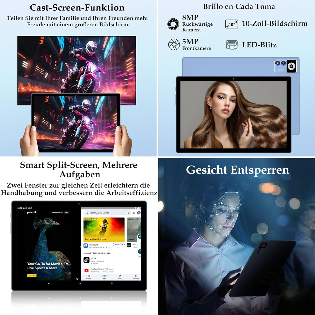 ZIOVO Android Tablet 10 Zoll Gemini AI mit 22GB RAM+128GB ROM(TF 2TB), 5G WiFi, Octa-Core 2.0GHz, Wi