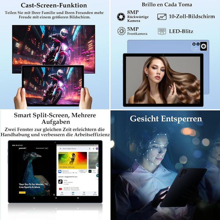 ZIOVO Android Tablet 10 Zoll Gemini AI mit 22GB RAM+128GB ROM(TF 2TB), 5G WiFi, Octa-Core 2.0GHz, Wi
