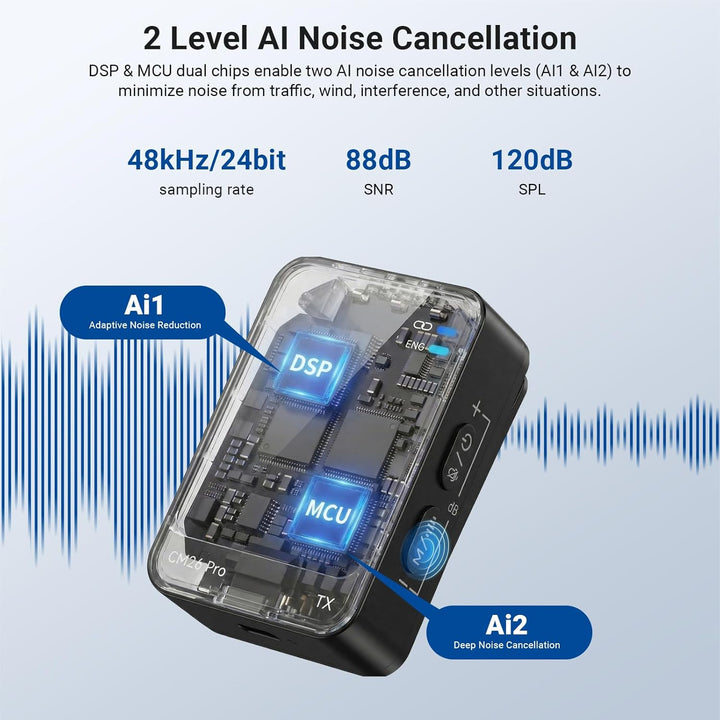 NEEWER CM26 Pro AI Drahtloses Mikrofon kompatibel mit iPhone Android Kameras PCs, Ansteckmikrofon DS