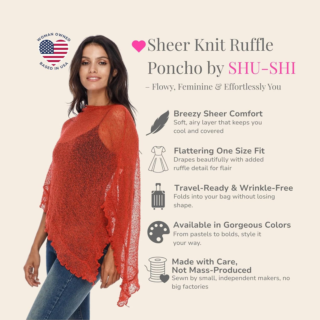 SHU-SHI - Damen Poncho-Top mit Rüschen - transparent - leichtes Strickmaterial Dunkelorange, Dunkelo