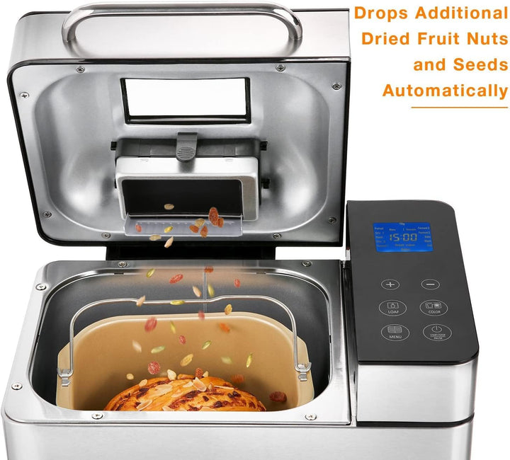 Brotbackautomat 710W Backmeister mit Automatische Zutatenbox, 19 Programme, Edelstahl Bread Maker Vo