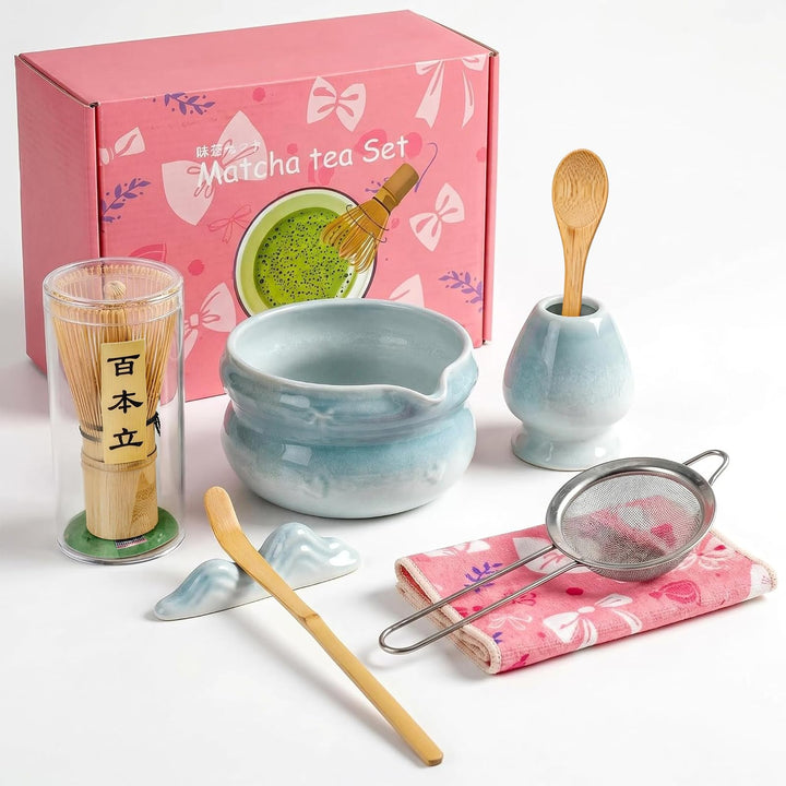 Matcha Set 8-Piece Premium Tea Ceremony Kit with Ceramic Bowl, 100+ Tines Bamboo Whisk (Chasen), Hol