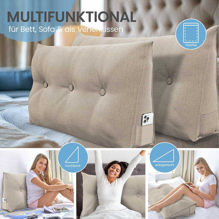 ELONEO Rückenkissen 100 cm breit, Keilkissen für Bett und Sofa geeignet, dreieckiges Lesekissen, Kis
