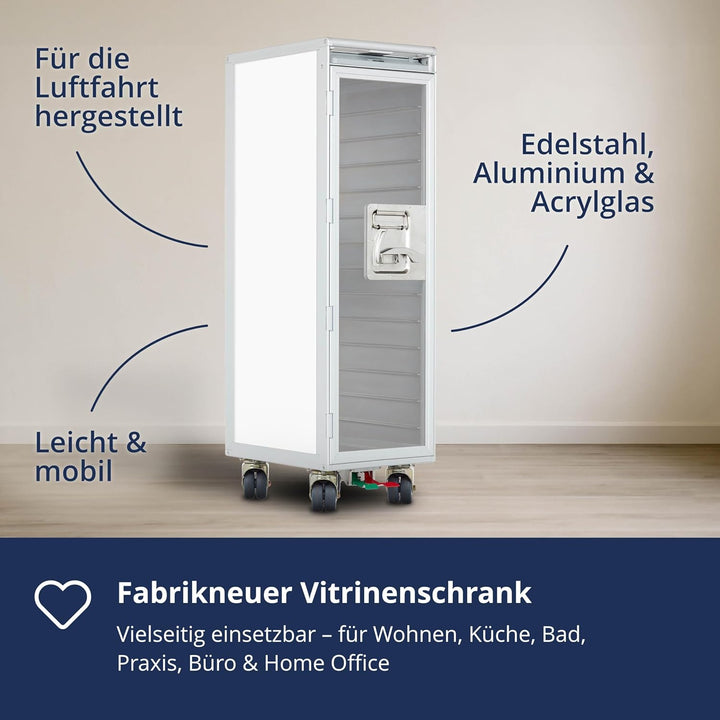 VanDeBord Airline Trolley Uni Neu Weiss mit Glastür, Original Flugzeugtrolley, Flugzeug Servierwagen