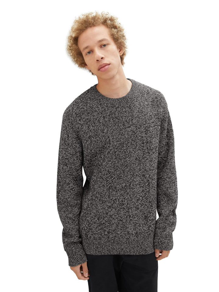 TOM TAILOR Denim Herren Basic Multicolor Strick-Pullover L 32776 - Black Salt And Pepper Mouline, L