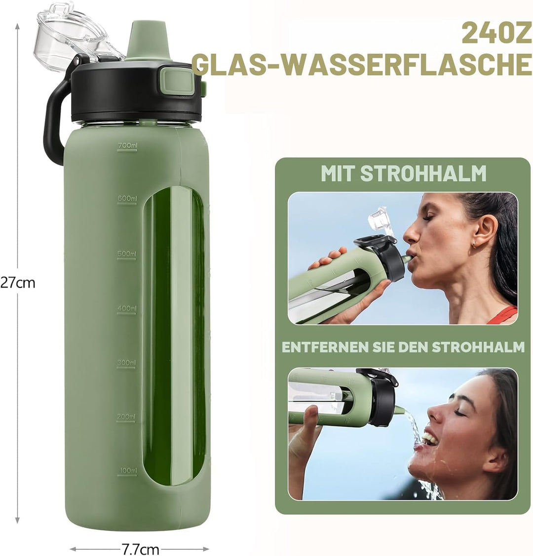 BLUEGO 700ml Trinkflasche Glas mit Strohhalm und Griff Auslaufsichere Wasserflasche mit Silikonhülle