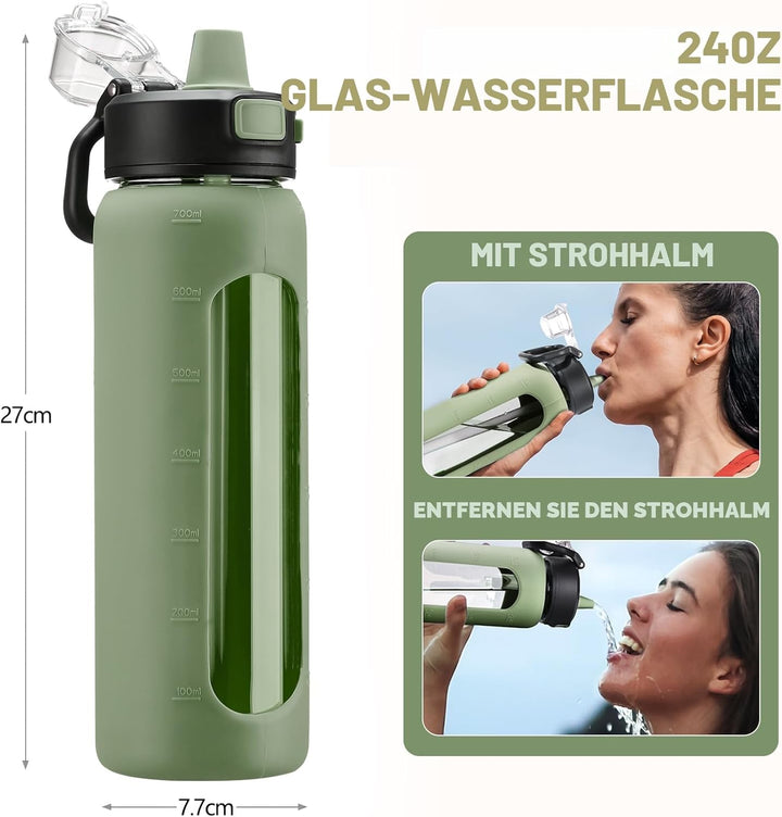 BLUEGO 700ml Trinkflasche Glas mit Strohhalm und Griff Auslaufsichere Wasserflasche mit Silikonhülle