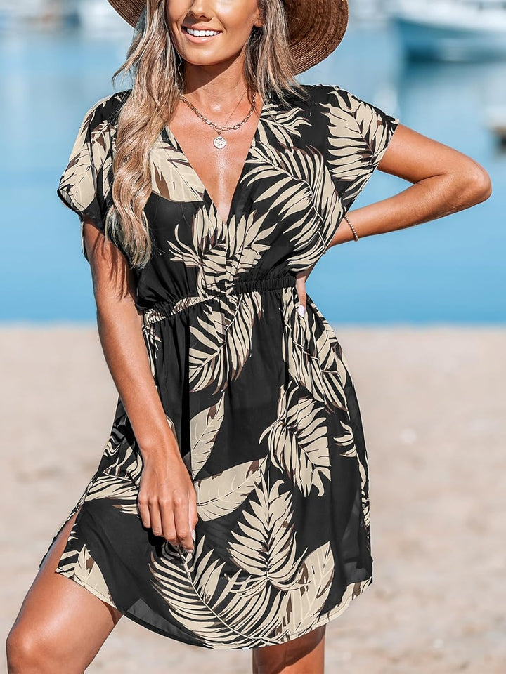 CUPSHE Damen Bikini Cover Up Strandkleid V Ausschnitt Kurzarm Blätter Print Seitenschlitz Sommer Bea