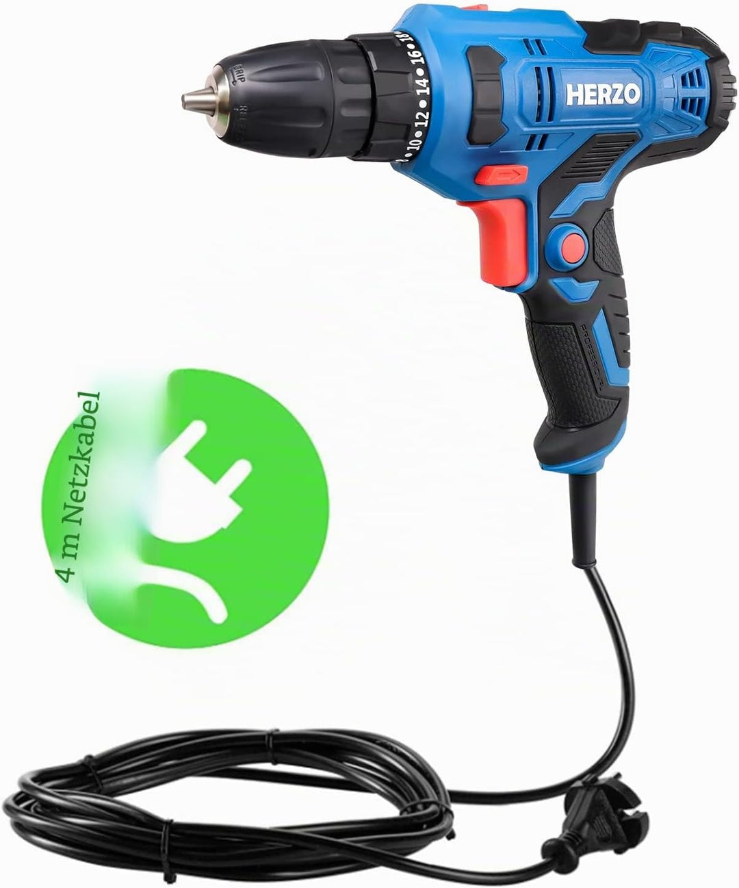 HERZO Elektro Bohrschrauber 300W,Speed 20 + 1 Drehmomentstufen with 4M Cable, great for everyday dri