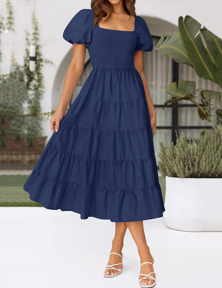 ZESICA Damen-Sommerkleid, eckiger Ausschnitt, Kurze Puffärmel, einfarbig, hohe Taille, lässig, flies
