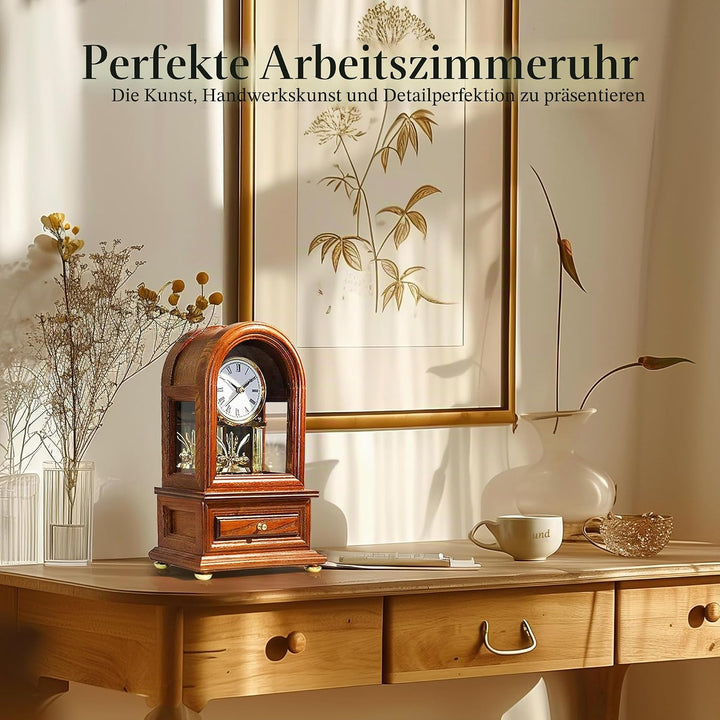 Holz Tischuhr Jubiläumsuhr, Antike Regaluhren, Retro Kaminuhr mit Drehpendel, Schreibtisch Standuhr